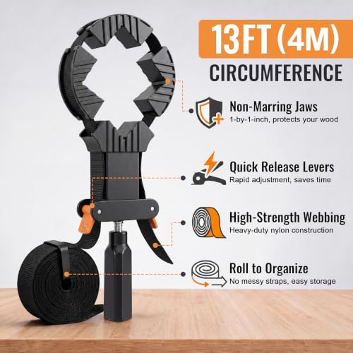 4 Pcs Band Clamp, 13FT Strap Clamps for Woodworking with 4 Corner Claws Black