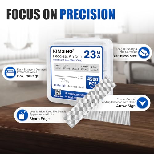 KIMSING P620 23 Gauge 3/4-Inch Length Pinner Headless Nails × 10,000PCS with 5 Sizes Assorted Stainless Steel Headless Pin Nails × 4,500PCS