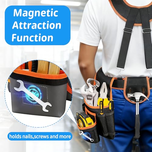 Tool Belt for Men,Magnetic Tool Pouch With Suspenders,18-Pocket Adjustable Heavy Duty Tool Organizer for Electricians, Carpenters, DIY, Construction,Gift-Fits Waists 32"-60"
