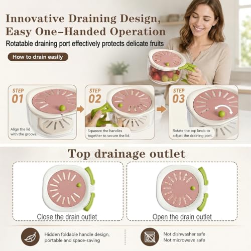 Fruit Washing Bowl, 2-in-1 Fruit Vegetable Storage Container with Strainer, Berry Fruit Washing Bowl with Lid, Multifunctional Kitchen Strainer, Strainer Bowl, Drip and Preservation Basket (Pink) Pink