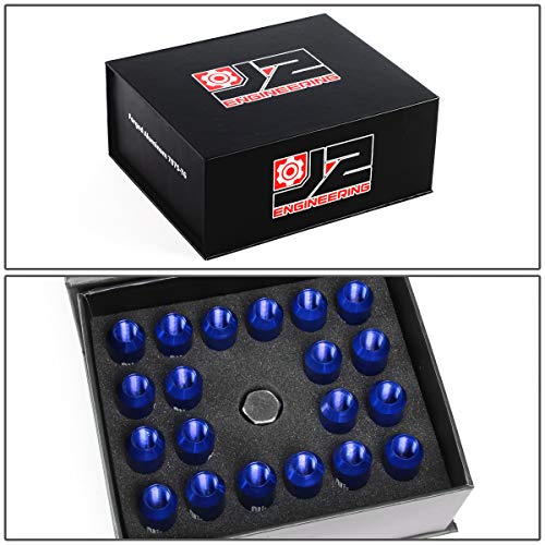 J2 Engineering 16Pcs 7075 Aluminum Open End M12 x 1.25 Lug Nuts w/4Pcs Lock Nuts & Key, Blue, Fit Conical Seat, LN-T7-010-125-BL