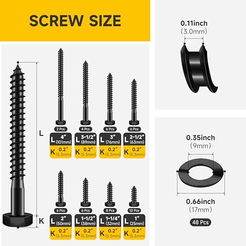 Mywish 96Pcs 5/16 Hex Head Lag Screws Assortment Kit, External Heavy Duty Lag Bolts with Flat Washers, 304 Stainless Steel Wood Screws 18-8, Black Oxided 5/16 Bolts for Outdoor 96Pcs 5/16 Kit