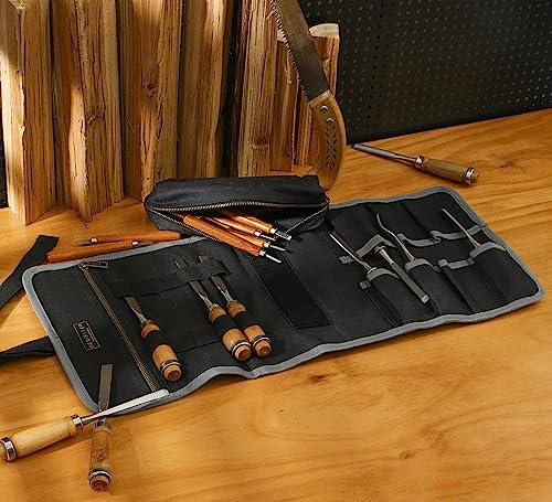 Wrench/Tool Roll (7 Slots), Waxed Canvas Roll Up Bag with 1 Small Detachable Tool pouch and 1 Zipper Pockets, Multi-Purpose Wrench Roll Organizer for Motorcycle/Mechanic/Electrician Black