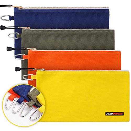 8 Pack Utility Canvas Zipper Tool Bag - Heavy Duty Tools Pouch with Carabiner, Multi-Purpose Storage Organizer Clip on Tote Bags Olive, Orange, Blue, Yellow, White, Gray, Tan, Brown