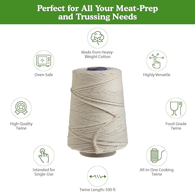 Regency Wraps Butchers Cooking Twine, Heavy Duty, 500ft,16 Ply, 2.4mm, Food-Safe Cotton Kitchen String for Turkey Trussing, Meat Prep, Crafting, Natural, Pack of 1 500 ft Cone (Pack of 1)