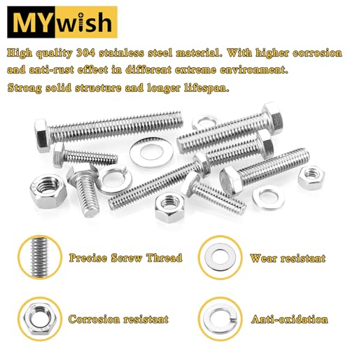 Mywish 254Pcs Bolts and Nuts Kit & 355PCS Black SAE Hex Head Nuts and Bolt Assortment Kit, 304 Stainless Steel Assorted Screws Nuts and Bolts with Drill Bits, Bolts and Nuts Kit with Flat Spring Washe