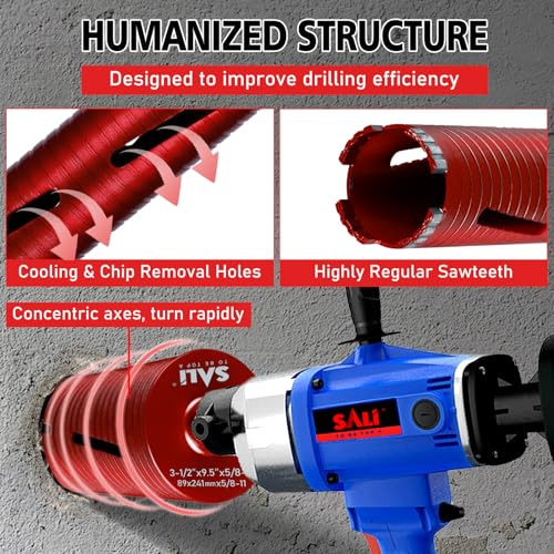 SALI Diamond Core Drill Bits 2 1/2" Diameter 10"/254mm Drilling Depth 5/8-11" Thread Core Bit Turbo Laser-Welded Segments for Cured Concrete with Brick Block Masonry with Two Adapters（Red） 2 1/2"x11"x5/8"-11