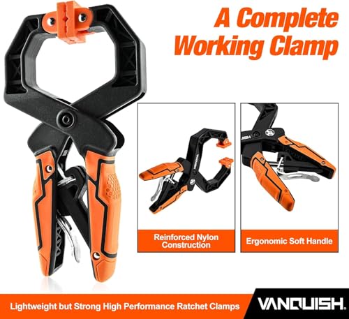 VANQUISH 4-Pack Quick-Release Ratcheting Wood Clamps for Woodworking, Professional Hand Clamps, Ergonomic Handles, 55 LBS Clamping Force, 2-Pack 4 Inch and 2-Pack 2 Inch Orange 4 Pack Mixed