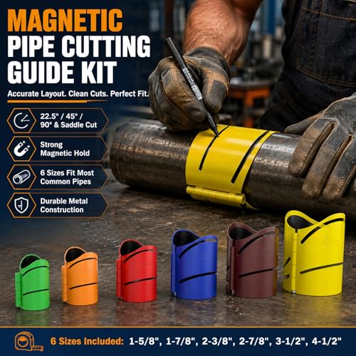 6-Pack Metal Pipe Cutting Guide Kit - Suitable Pipe Diameters 1-5/8", 1-7/8", 2-3/8", 2-7/8", 3-1/2", 4-1/2" | Markable 22.5°, 45°, 90° | Cross & Saddle Cuts | Anti-Shift Magnetic Liner 6-pack