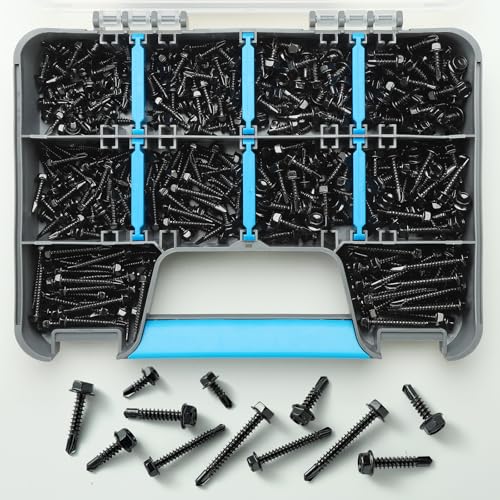 Black Self Tapping Screws Assortment Kit 449PCS, Stainless Steel 410 Self Drilling Screws for Metal, #8#10 1/2" 5/8" 3/4" 1" 1-1/4" 1-1/2", Hex Washer Head Sheet Metal Screw #8/#10 Assorted Black 449