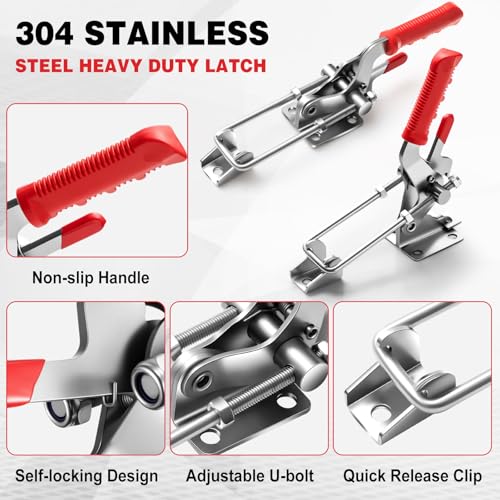 Chumia 2 Pcs Large Pull Action Clamp, 304 Stainless Steel Heavy Duty Toggle Latch Clamp with Threaded U-bolt, Toggle Latch for Machine, Smoker Lid, Tire Carrier Toolbox Locks, 9.4-10.5 Inch Length