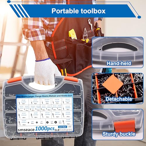 smseace 1001Pcs Pop Rivet Gun Kit Black Pop Rivets, Large Flange Rivets, Washers and Rivets Gun Tool Packed in Portable Toolbox with Color Label for Metal, Furniture, Automotive, Instruments