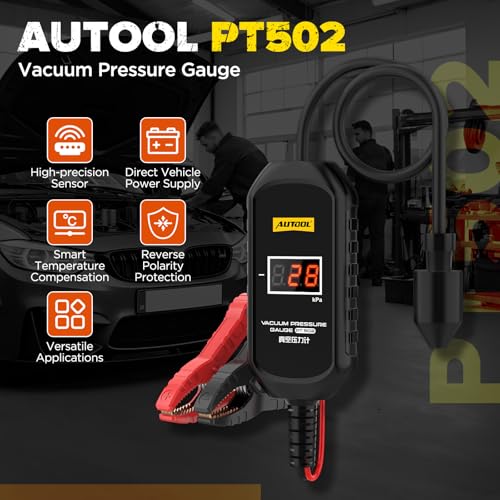 AUTOOL PT502 Digital Vacuum Pressure Gauge, Automotive Vacuum Leak Tester with Temperature Compensation, 101kPa High Accuracy Engine Intake Exhaust EGR Diagnostic Tool, 12V Car Powered