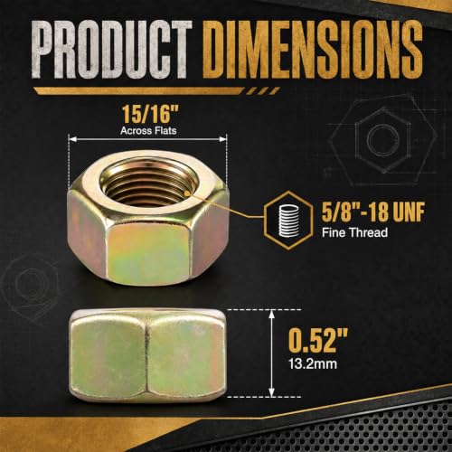 50 Pcs 5/8"-18 Hex Nuts, Grade 8 Yellow Zinc Plated Carbon Steel