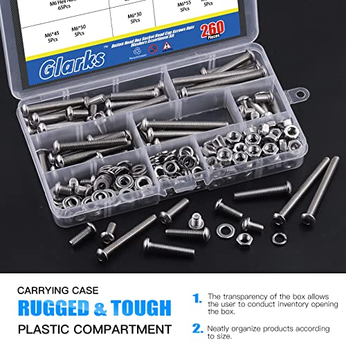 Glarks 260Pcs 13 Size M6 304 Stainless Steel Button Head Screws Hex Socket Cap Screws Bolts and Nuts Washers Assortment Kit with Hex Wrench for Machinery Furniture Car Repair M6 screw assortment kit