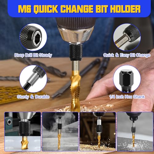 Metric Tap and Die Set, 34 Pcs Adjustable Drill and Tap Set with Tap Wrench, Quick Change Bit Holder, Twist Drill Bits, and M2-M12 Taps, Hand Screw HSS Thread Tap Set, Drill Tap Set for Metal Wood