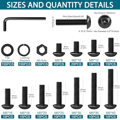 621PCS Black M5 Button Head Hex Socket Cap Screws, M5x8/10/12/14/16/18/20/25/30/35/40mm Metric Screws Bolts Nuts Washers Assortment Kit with Wrench,12.9 Grade Carbon Steel,Black Oxide Finish Black M5 Screws