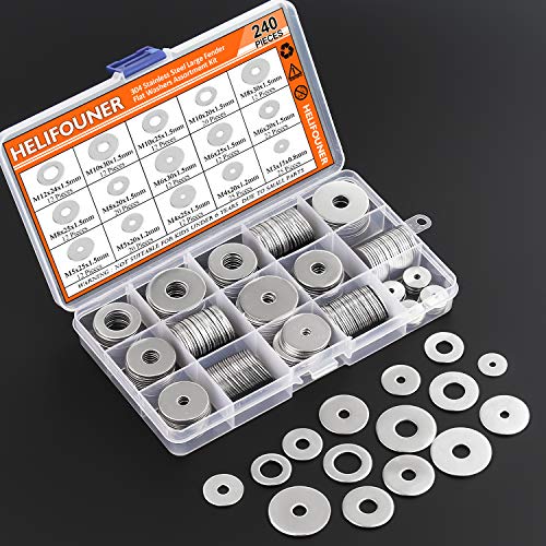HELIFOUNER 240 Pieces 15 Sizes 304 Stainless Steel Large Fender Washer Assortment Kit (M3 M4 M5 M6 M8 M10 M12) M3-M12