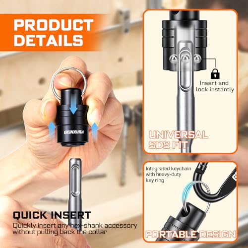 Geinxurn 10Pcs SDS Shank Bit Holder Keychain Set, Heavy Duty Quick Release Drill Bit Storage Organizer with SDS Plus Rotary Hammer Drill Bits Set for Electricians, Construction Worker 10