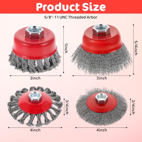 10-Pack Stainless Steel Wire Wheel & Cup Brush Set for 4-1/2" Angle Grinder - 4 & 3 Inch Knotted and Crimped Brushes with 5/8"-11 Threaded Arbor for Rust, Paint, Weld Removal