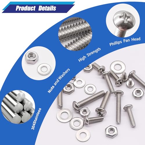 Taiss Machine Screws Nuts and Bolts Assortment Kit,304 Stainless Steel Bolts and Nuts Kit,#6-32#8-32#10-24 8 Sizes Phillips Pan Head Bolt and Nut & Washers+400PCS Metric Flange Bolt Assortment kit