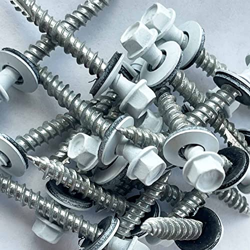 Metal Roofing Screws-#10 x 1.5” – Self Tapping Hex Head with EPDM Rubber Washer – for Metal to Wood, Corrugated Roofing, Siding, Sheds, Pancake Screw - ¼” Hex Drive Easy Installation - White (250) 250
