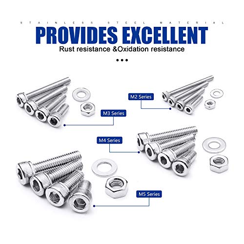 NINDEJIN M2 M3 M4 M5 Stainless Steel Hex Socket Head Cap Screw Bolts & Flat Washers & Nuts Assortment Kit (Socket Head + Round Head)