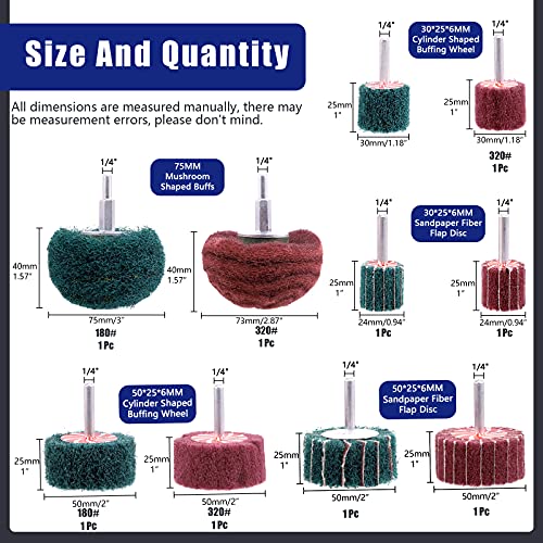 Glarks 10 Pack Non Woven Abrasive Wheel Drill Buffing Attachment Set, Red and Green Scouring Pads Power Scrubber Cleaning Kit with 1/4" Shank for Polishing, Scrubbing and Cleaning Surface