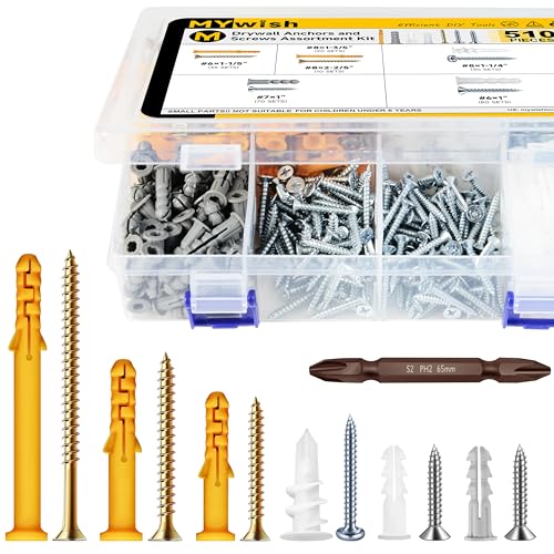 Mywish 30Pcs 1/4 x 2-3/4" Concrete Screws & 510Pcs Wall Hanging Kit with Anchors and Screws, Dry Wall Anchors and Screws Kit for Picture Hanging, Slotted Hex Washer Head Masonry Stucco Screws Anchor K