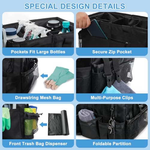 Large Wearable Cleaning Caddy Bags, Cleaning Supplies Organizer with Adjustable Shoulder Straps & Divider, 14 inch Black Tool Bag for Housekeepers & Cleaners Large