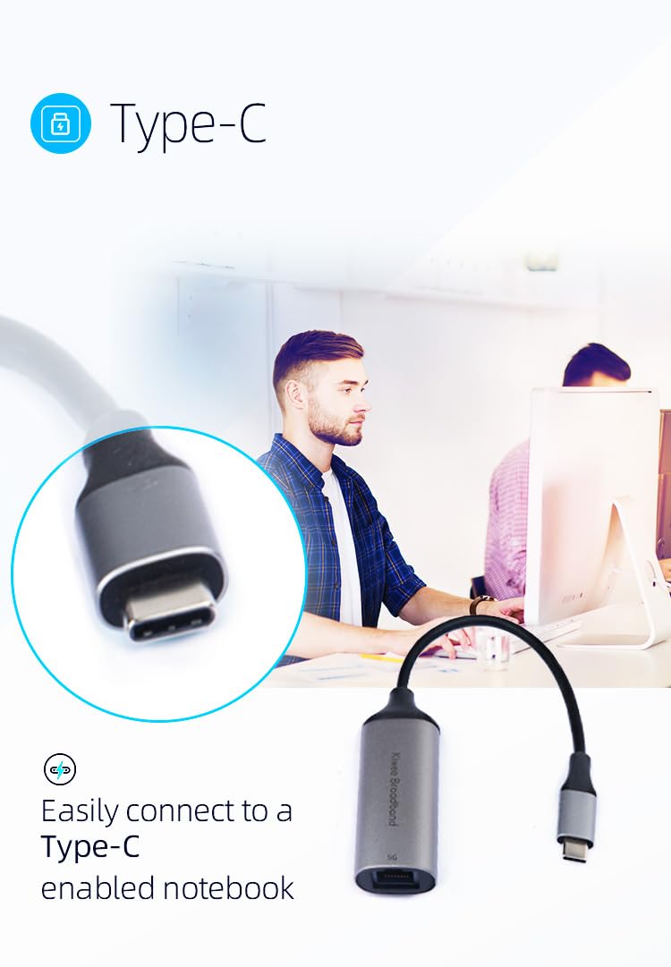 Kiwee Broadband USB C to Ethernet Adapter 5Gbps, Aluminum Thunderbolt 4/3, RJ45 LAN Network, Plug and Play, For MacBook Air/Pro, Dell XPS, iPhone 15, NAS, Windows Laptop, Chromebook, iPad Pro, Surface