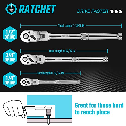 DURATECH 3-Piece Flex-Head Ratchet Set, 1/4", 3/8", 1/2" Drive