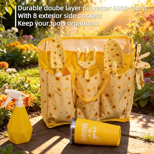 Garden Tool Set with Sunflower Print, Heavy Duty Gardening Hand Tools with Garden Tool Bag,Gardening Gifts for Women&Men,Yellow Gardener of the Year