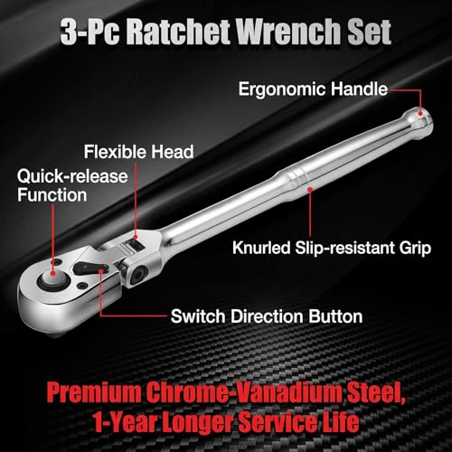 3-Piece Flex Head Ratchet Set，1/4 3/8 1/2 Inch Drive Swivel Head Ratchet Wrench，72-Tooth with Quick-Release Reversible Design, Chromium-Vanadium Steel Made, Fully Polished Silver 3pcs Flex Head Ratchet
