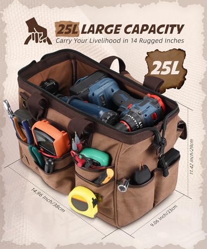 ARCFOX 14 Inch Portable Electrician Tool Bag 21 Pockets - Heavy Duty 16OZ Canvas Tool Bags Organizer with Wide Mouth & Adjustable Shoulder Strap for HVAC, Mechanics, Maintenance, UTV-Effortless Carry Household 14'' Washed Brown