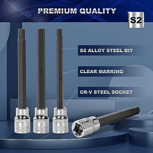 Reniteco 19-Piece 3/8 Inch Drive Extra Long Allen Hex Bit Socket Set, Standard SAE (1/8" - 3/8") & Metric(3mm-12mm)