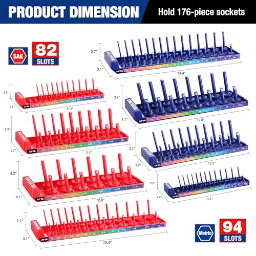 WORKPRO Socket Organizer Set, 8PC 1/4" 3/8" 1/2" Drive Socket Holder 8 Pieces-1/4", 3/8", & 1/2" DR, SAE & Metric