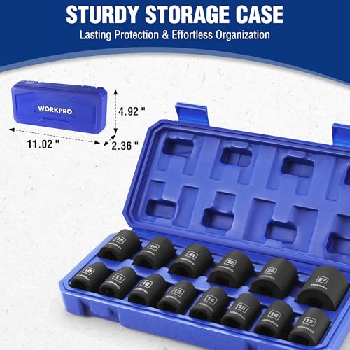 WORKPRO 1/2” Drive Shallow Impact Socket Set, Metric Cr-V Steel 6-Point Socket Set with Storage Case for Automotive Maintenance and Repairs (14PCS 10-27mm) 14 PCS, Metric