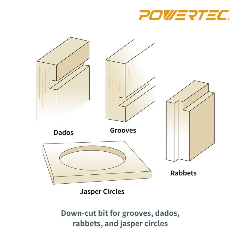 POWERTEC 73059 Spiral Router Bit and Router Subbase Centering Pin Set | Up Cut Solid Carbide CNC Router Bit 1/4" Diameter 1/4" Shank Bit + 1/2"&1/4"&1/4" Pins