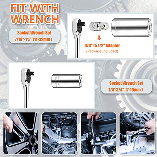Universal Socket Wrench Set (11-32mm 7-19mm) Professional Sockets Tools Multi-function Wrench Repair Tool Kit with 3/8 inch Ratchet Wrench & Power Drill Adapter Chrome Vanadium Steel 6PCS