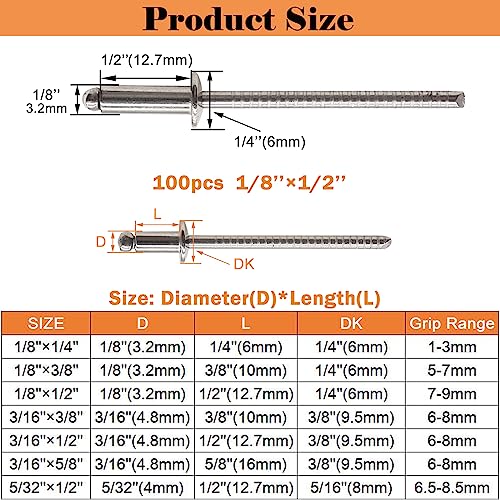 100pcs 1/8" x 1/2" Stainless Steel Blind Rivets, 3.2 x 12.7mm Stainless Steel Pop Rivets, Pack of 100