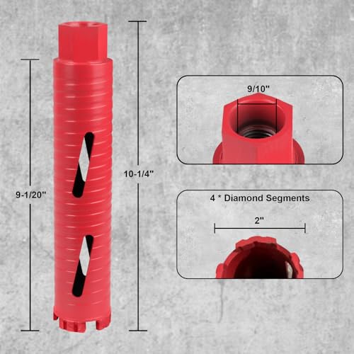 2" Diamond Core Drill Bit, 9-1/20" Dry/Wet Laser Welded Drill Bit with 4 Diamond Segments, 51MM Hole Saw for Reinforced Concrete Brick Masonry, Fits Hand Drill/Angle Grinder (Red) 2"(51MM)