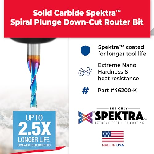 Amana Tool Solid Carbide Spektra Extreme Tool Life Spiral Plunge Router Bit Down-Cut, 46415-K, 1/4 Dia x 1 CH x 1/4 Shank 2-1/2 Inch L 1/8 Dia x 1/2 x 1/4 Inch