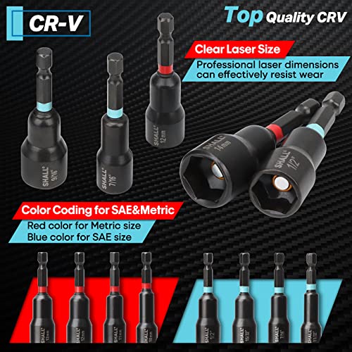 SHALL 29PCS Magnetic Nut Driver Set, Impact Drill Driver Bit 1/4" Hex Shank, SAE & Metric Cr-V Steel Power Nut Drivers with Quick-release Extensions, Impact Socket Adapters, Bit Holder and Storage Bag Variety Pack