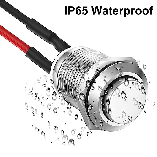 Gebildet 5 x Waterproof Push Button Momentary Stainless Steel Button On Off 12 mm 2A/12V/24V/125V/250V with Wire (Protruding) Silver-E545