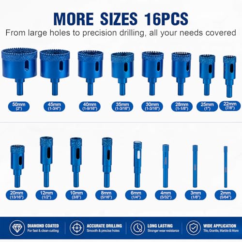 16-Piece Diamond Hole Saw Set, 1/4-2 Inch Tile Drill Bits with Guide 16