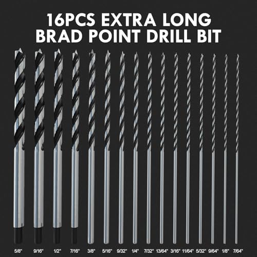 16Pcs(7/64" - 5/8") 12 Inch Extra Long Brad Point Wood Drill Bit Extra Long (7/64"-5/8") - 16pcs