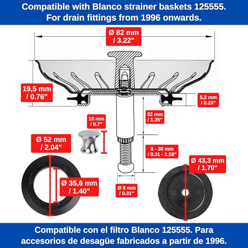 Sink Strainer Basket, Diameter 82 mm, Replacement for 125555, Compatible with Blanco 3.5 Inch Drain Fittings from Year of Manufacture 1996, 24 Slots Strainer Basket, 27-57 mm Eccentric Spigot, Diameter 8 mm Pin, Accessories for Kitchen Sink