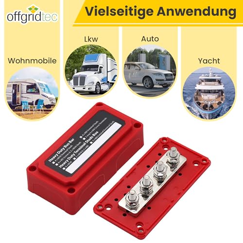 Offgridtec BusBar Box 4 x M8 Connection Bolts, Nickel-Plated Brass Connectors, Fiberglass Reinforced Nylon Housing with Removable Cover & Insulation Wall, Modular Power Distribution (200A, Red) Busbar Box 4 x M8 with Cover Red