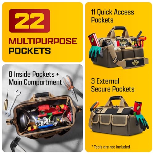 Ryker 14’’ Heavy Duty Tool Bag. Tool Box Organizer for Electricians & HVAC Khaki